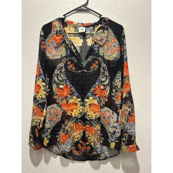 Cabi Blouse Women Small Navy Floral Sheer Button Front Artsy Bloomcore Office - Picture 1 of 9